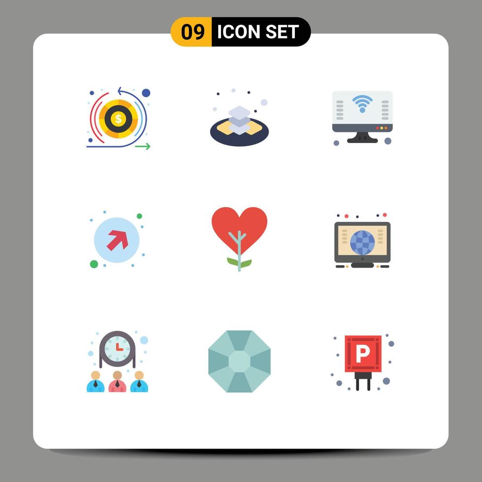 plano color paquete de 9 9 universal símbolos de corazón arriba computadora flechas Wifi editable vector diseño elementos