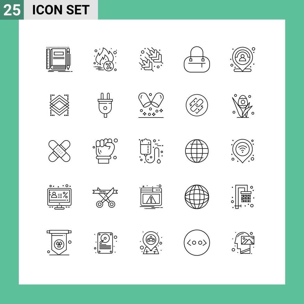 25 User Interface Line Pack of modern Signs and Symbols of person map rice location fashion Editable Vector Design Elements
