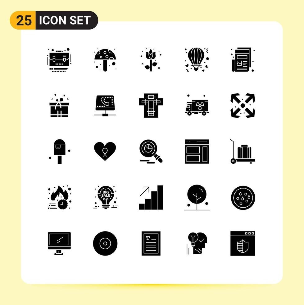 25 User Interface Solid Glyph Pack of modern Signs and Symbols of newspaper valentine easter love balloon Editable Vector Design Elements