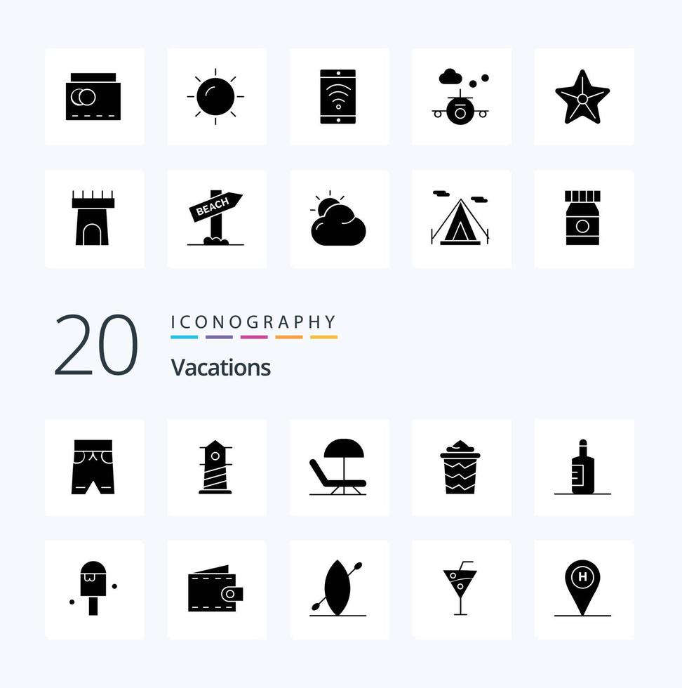 20 Vacations Solid Glyph icon Pack like vacation bucket  house beach  umbrella vector