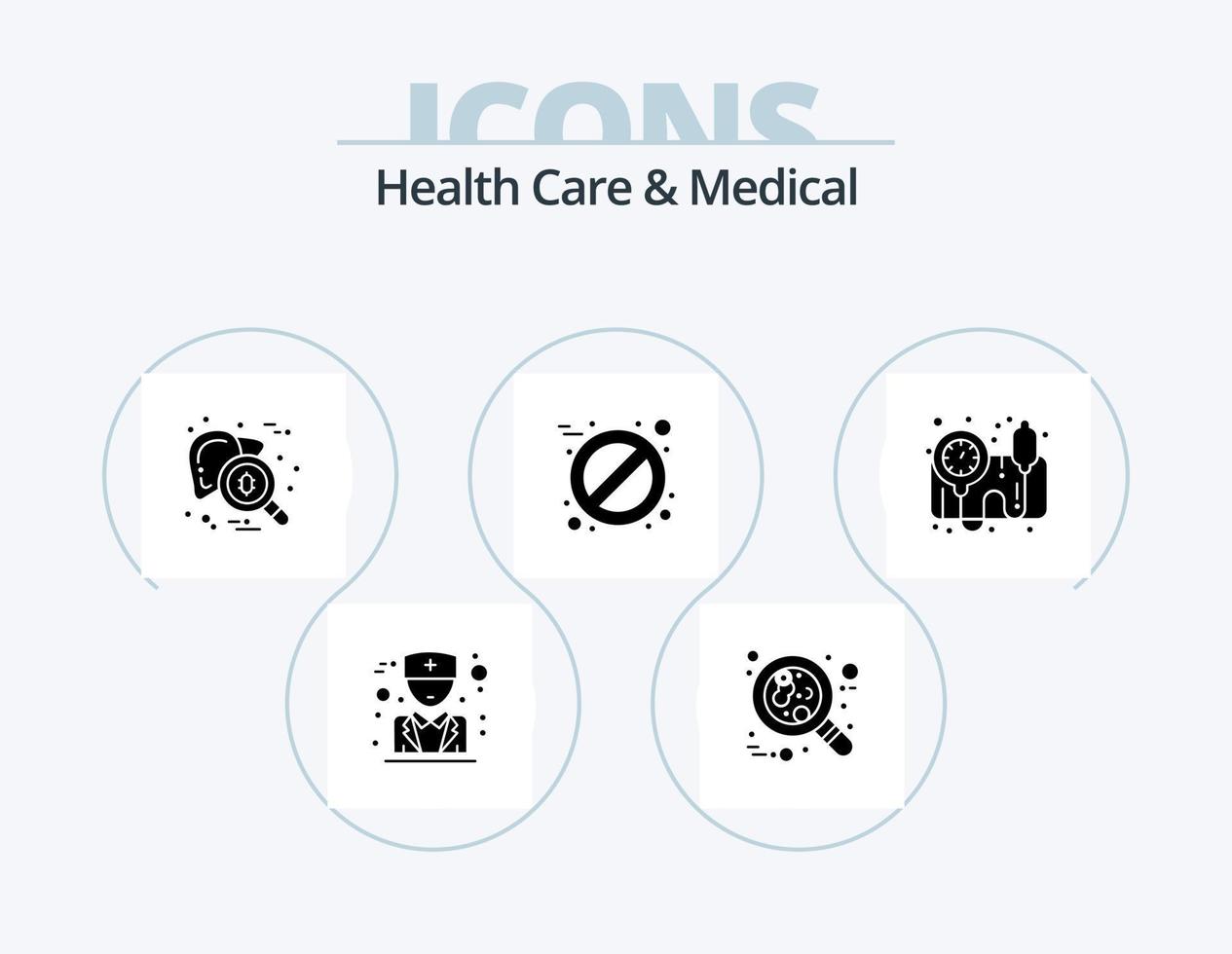 Health Care And Medical Glyph Icon Pack 5 Icon Design. bp gauge. tablet. checkup. pill. virus vector