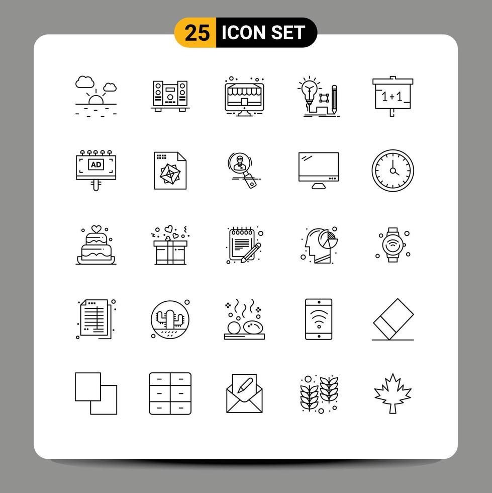 Pack of 25 Modern Lines Signs and Symbols for Web Print Media such as education lamp discount key idea Editable Vector Design Elements
