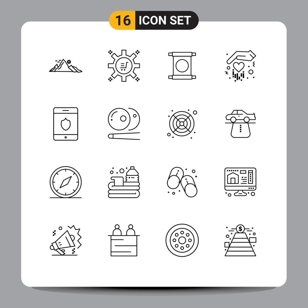 User Interface Pack of 16 Basic Outlines of shield love marketing technology hand chinese Editable Vector Design Elements