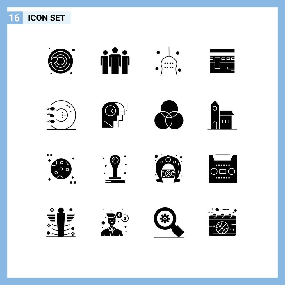 Modern Set of 16 Solid Glyphs Pictograph of sperm islam superstition pray kaaba Editable Vector Design Elements