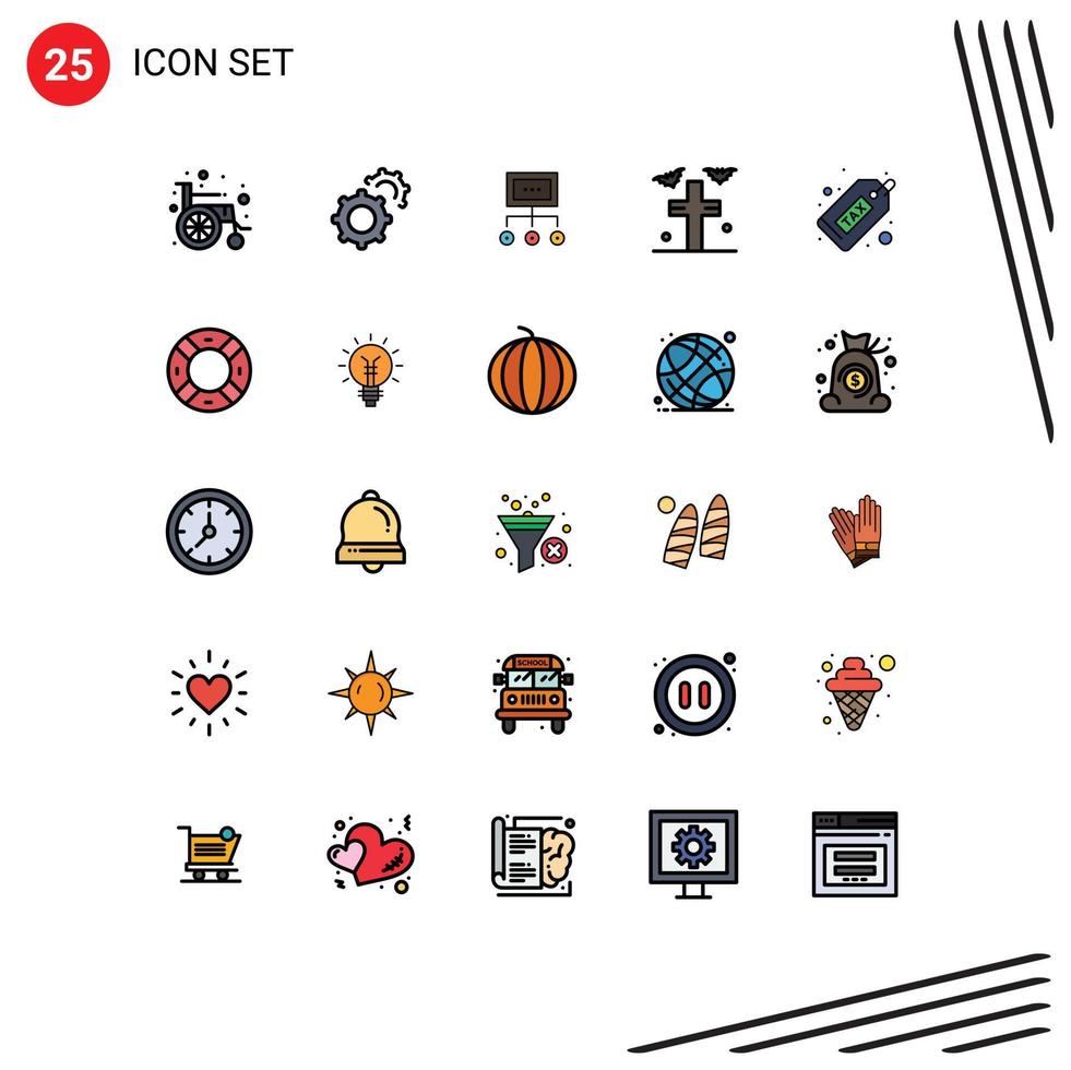 25 Universal Filled line Flat Colors Set for Web and Mobile Applications yard grave chart bats plan Editable Vector Design Elements