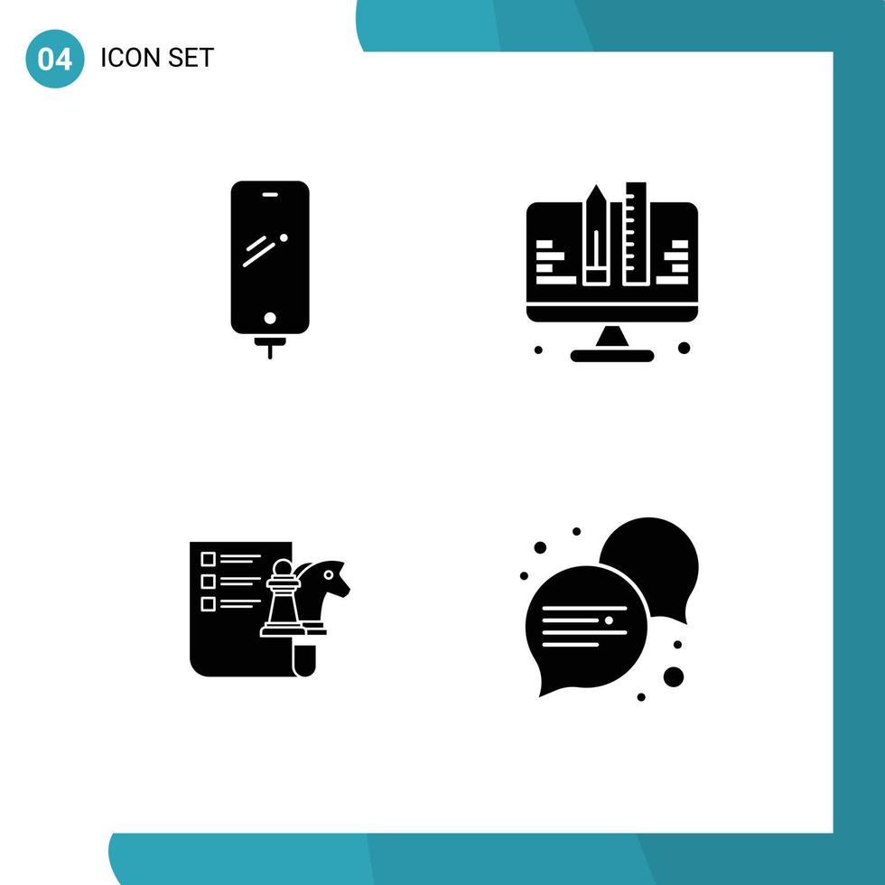 Set of 4 Vector Solid Glyphs on Grid for phone chess charging development strategy Editable Vector Design Elements