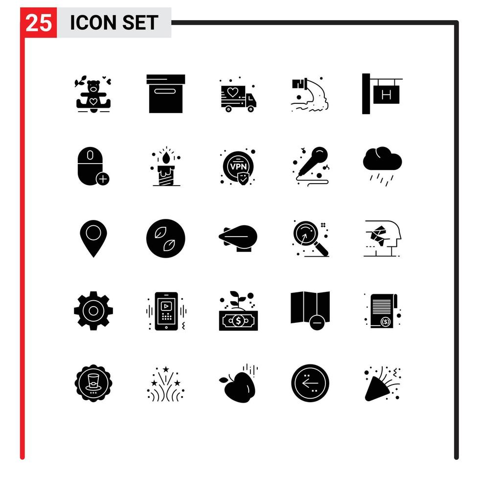25 Thematic Vector Solid Glyphs and Editable Symbols of add travel transport hotel sign sewage Editable Vector Design Elements