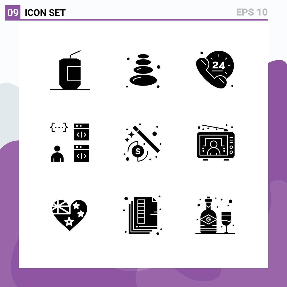 9 User Interface Solid Glyph Pack of modern Signs and Symbols of money develop hours coding app Editable Vector Design Elements