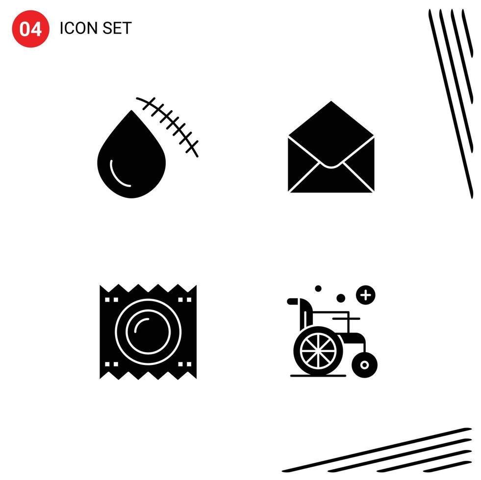 4 User Interface Solid Glyph Pack of modern Signs and Symbols of bleeding condom injury email medical Editable Vector Design Elements