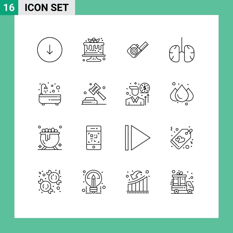 Modern Set of 16 Outlines Pictograph of bath health measure breathe anatomy Editable Vector Design Elements