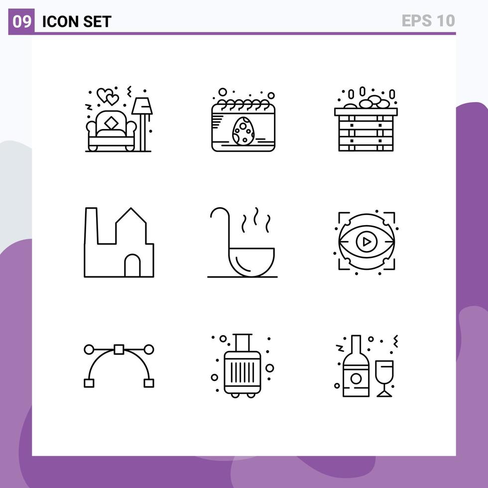 Group of 9 Modern Outlines Set for spoon kitchen spa industry factory chimney Editable Vector Design Elements