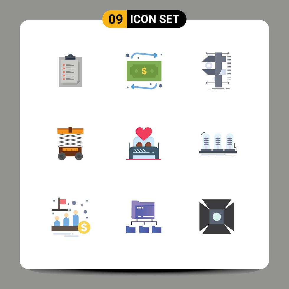 Pack of 9 Modern Flat Colors Signs and Symbols for Web Print Media such as love lifter caliper warehouse lift Editable Vector Design Elements