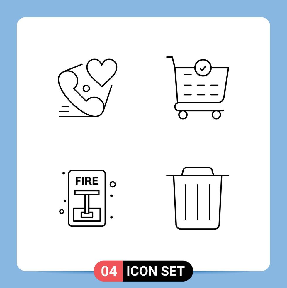 Line Pack of 4 Universal Symbols of telephone escape love cart fire Editable Vector Design Elements