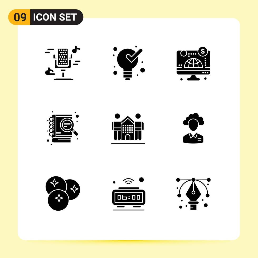 Mobile Interface Solid Glyph Set of 9 Pictograms of friendly seo computer search case study Editable Vector Design Elements