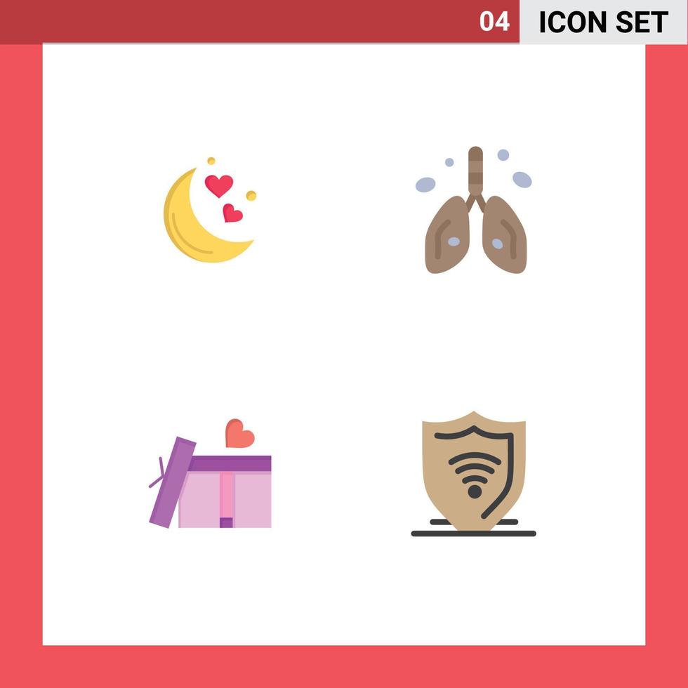 Set of 4 Vector Flat Icons on Grid for moon giftbox romantic night heart love Editable Vector Design Elements