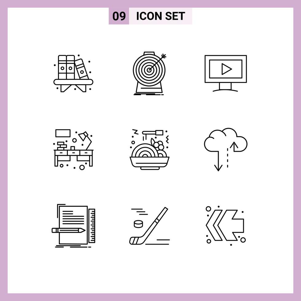 Mobile Interface Outline Set of 9 Pictograms of food workplace targeting table desk Editable Vector Design Elements