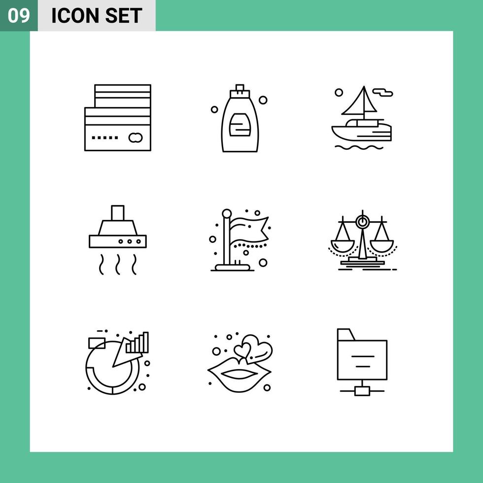 9 Thematic Vector Outlines and Editable Symbols of flag kitchen soap grocery drink Editable Vector Design Elements