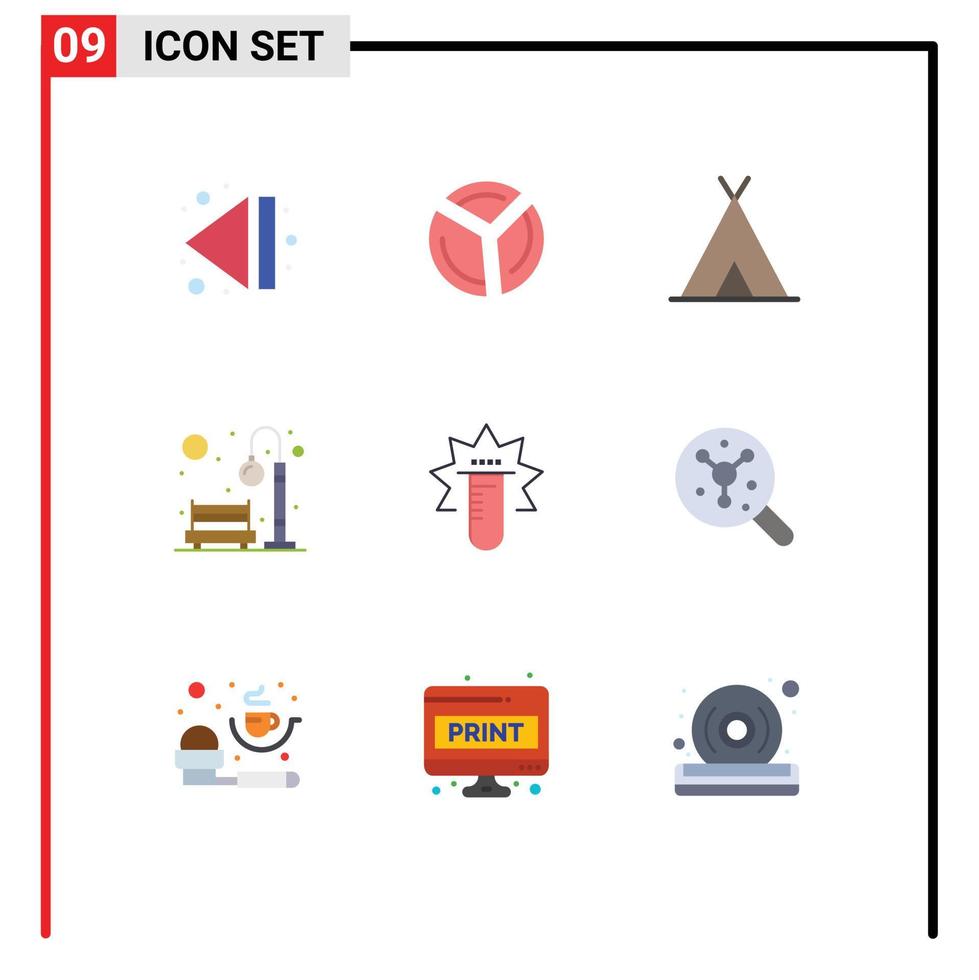 9 User Interface Flat Color Pack of modern Signs and Symbols of test light nature recreation city Editable Vector Design Elements