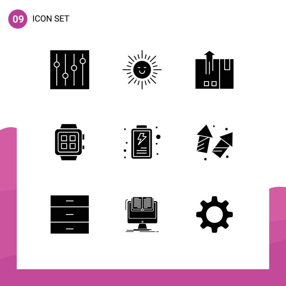 Set of 9 Vector Solid Glyphs on Grid for interface watch delivery technology home Editable Vector Design Elements