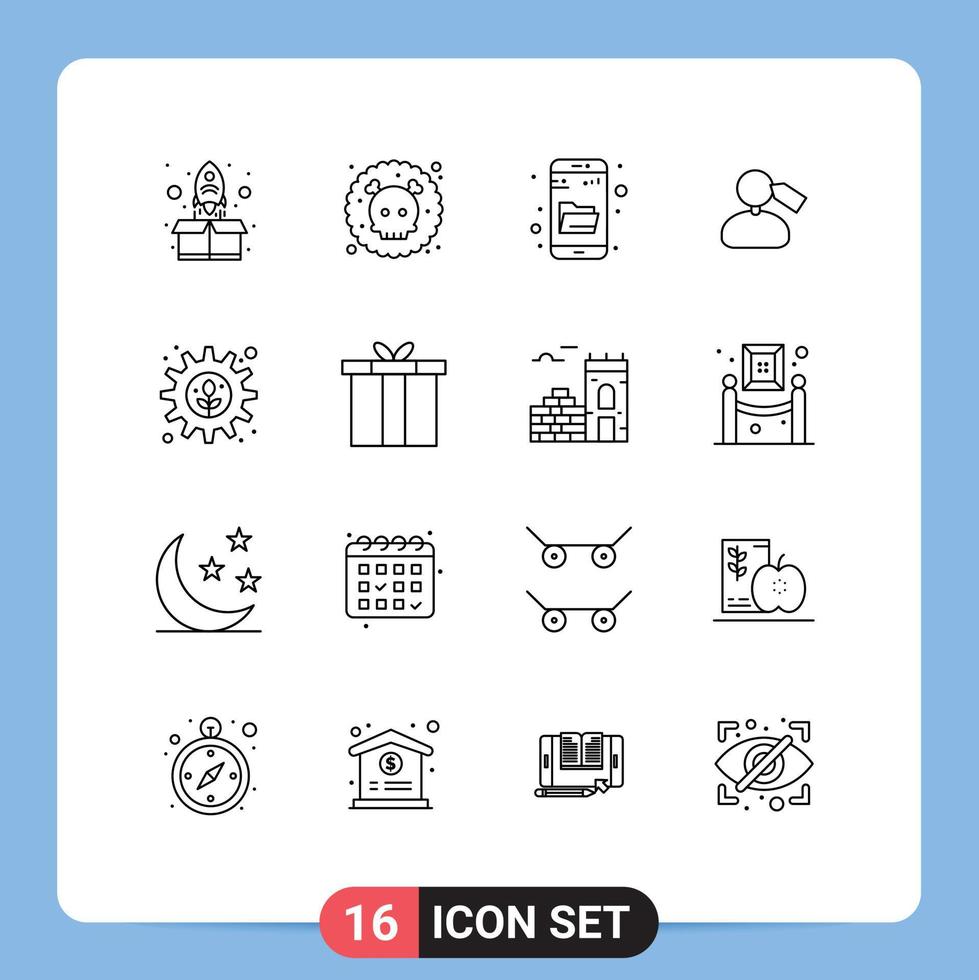 móvil interfaz contorno conjunto de dieciséis pictogramas de engranaje trabajo conducir buscar melena etiqueta editable vector diseño elementos