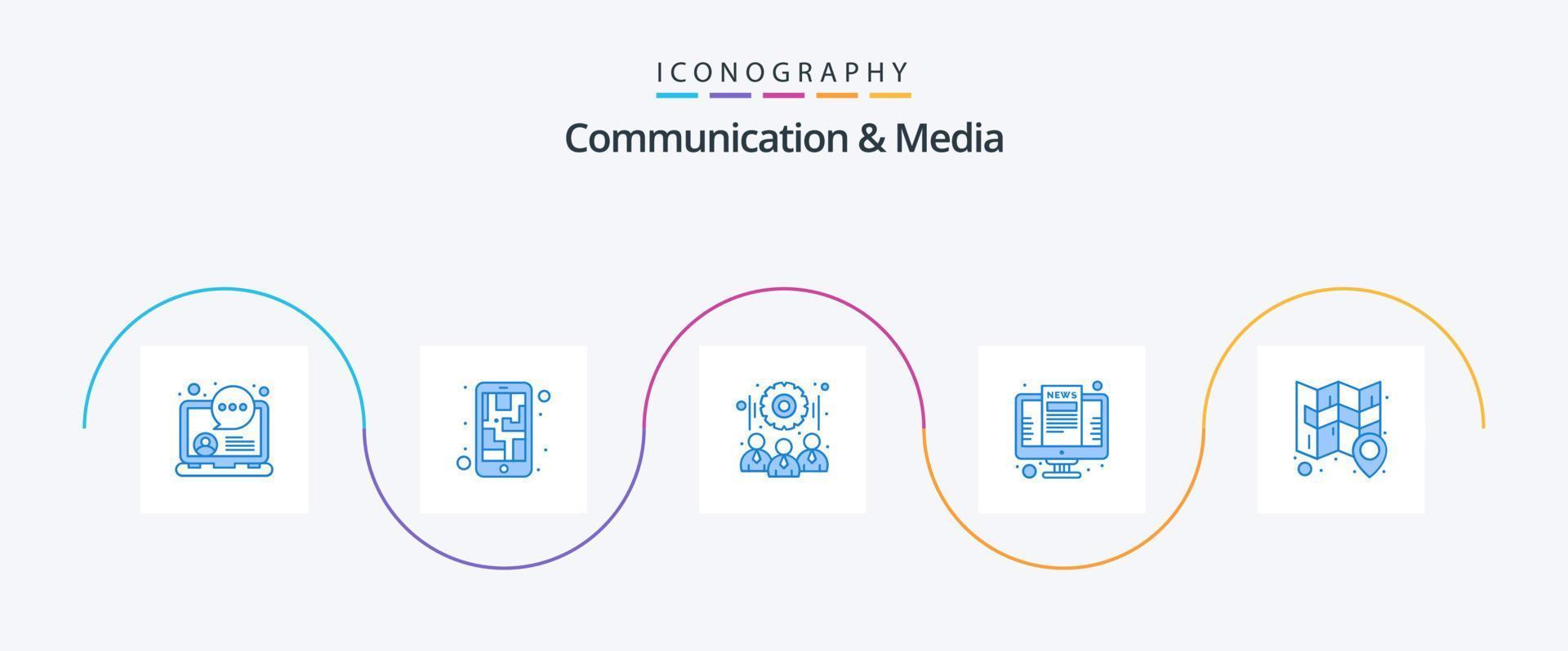 comunicación y medios de comunicación azul 5 5 icono paquete incluso ubicación. pantalla. engranaje. noticias. computadora vector