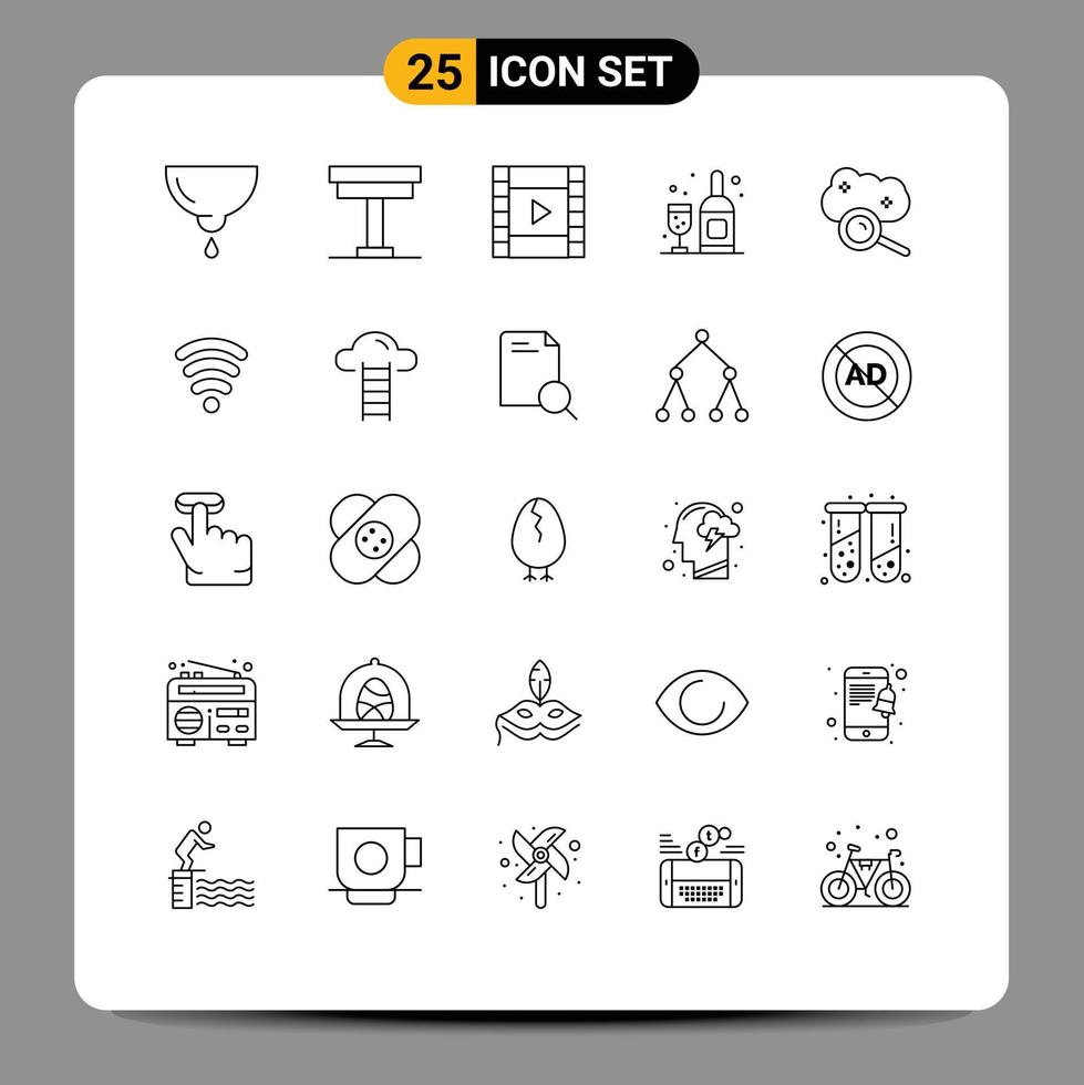 Modern Set of 25 Lines and symbols such as cloud magnifying glass interior bottle play Editable Vector Design Elements