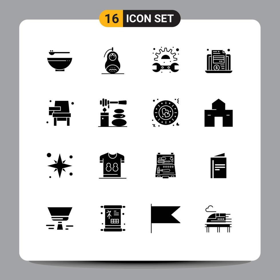 Mobile Interface Solid Glyph Set of 16 Pictograms of chair file russia economy spanner Editable Vector Design Elements