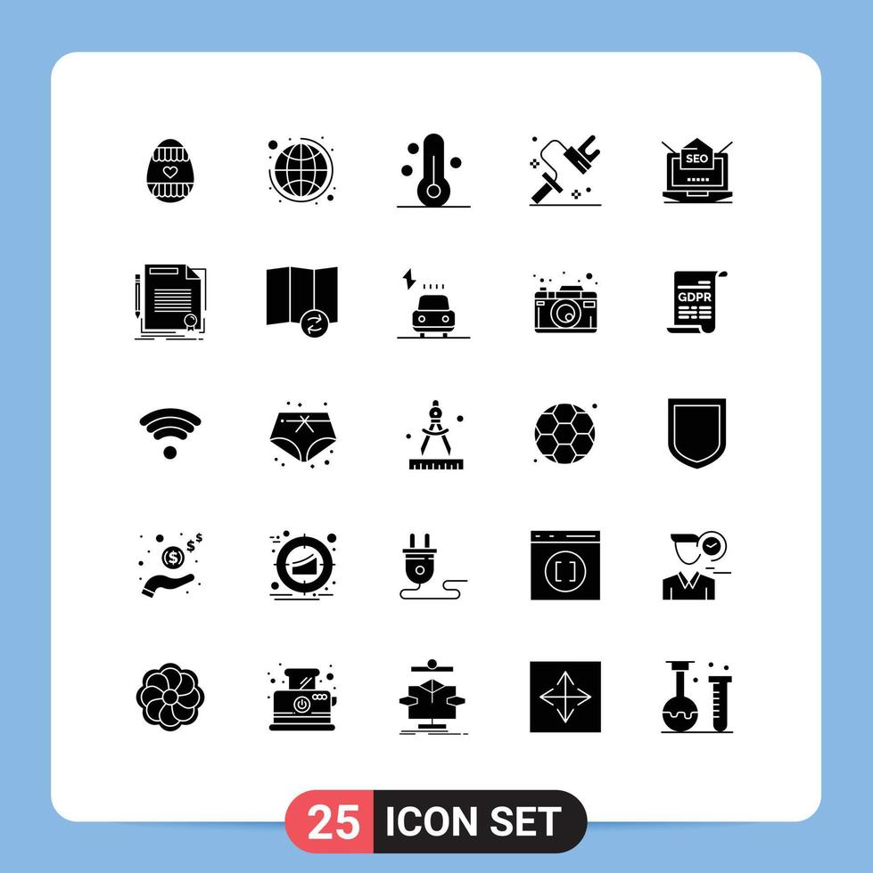 Set of 25 Vector Solid Glyphs on Grid for laptop tool nature roller dye Editable Vector Design Elements