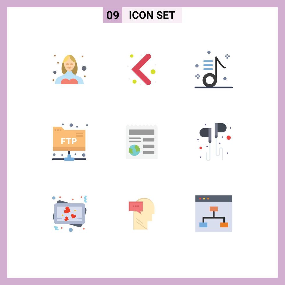 Mobile Interface Flat Color Set of 9 Pictograms of document ftp audio folder song Editable Vector Design Elements