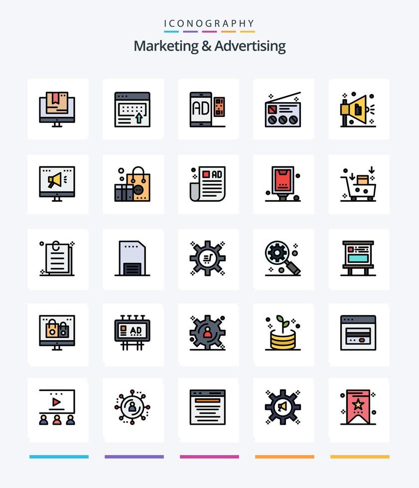 Creative Marketing And Advertising 25 Line FIlled icon pack  Such As marketing. advertising. marketing. mobile. marketing vector