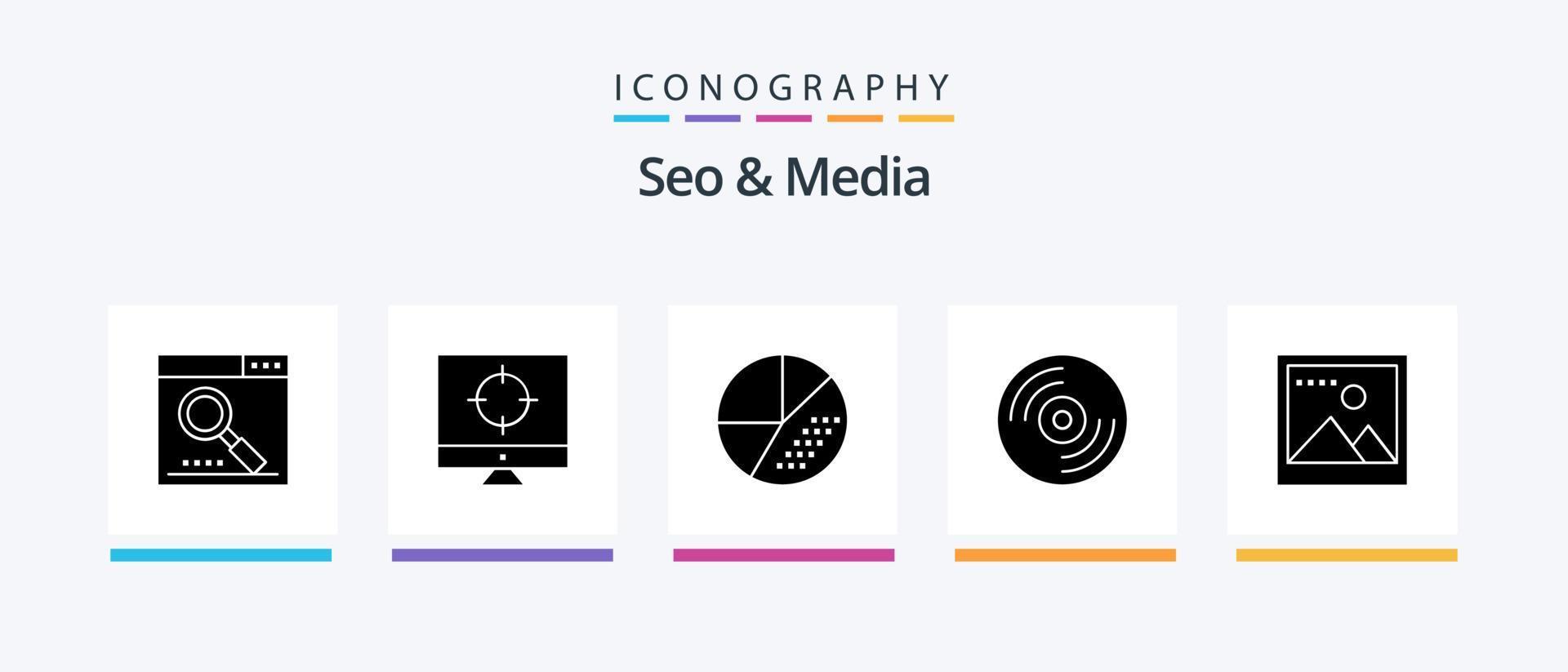 Seo and Media Glyph 5 Icon Pack Including image. media. targeting. disc. search. Creative Icons Design vector