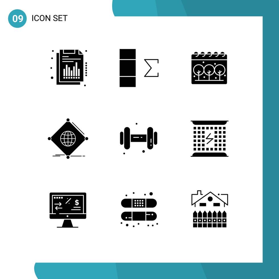 9 Solid Glyph concept for Websites Mobile and Apps dumbell gym calender global things Editable Vector Design Elements