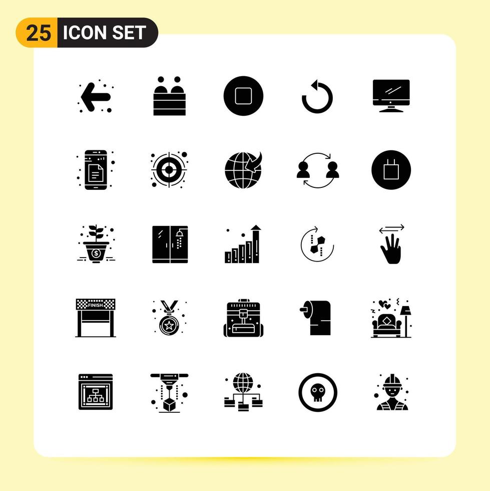 Modern Set of 25 Solid Glyphs Pictograph of pc device stop monitor repeat Editable Vector Design Elements