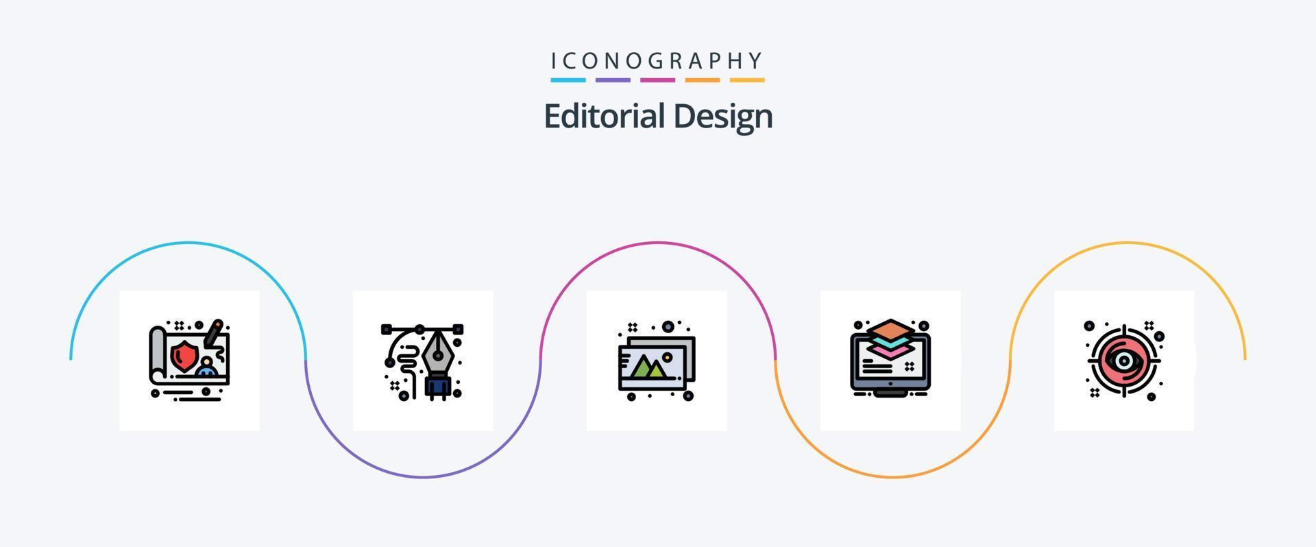 Editorial Design Line Filled Flat 5 Icon Pack Including focus. monitor. design. buffer. vector