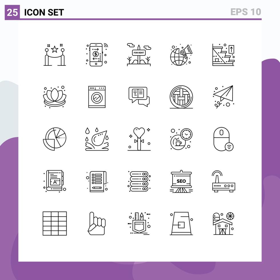 User Interface Pack of 25 Basic Lines of up direction sign worldwide global Editable Vector Design Elements