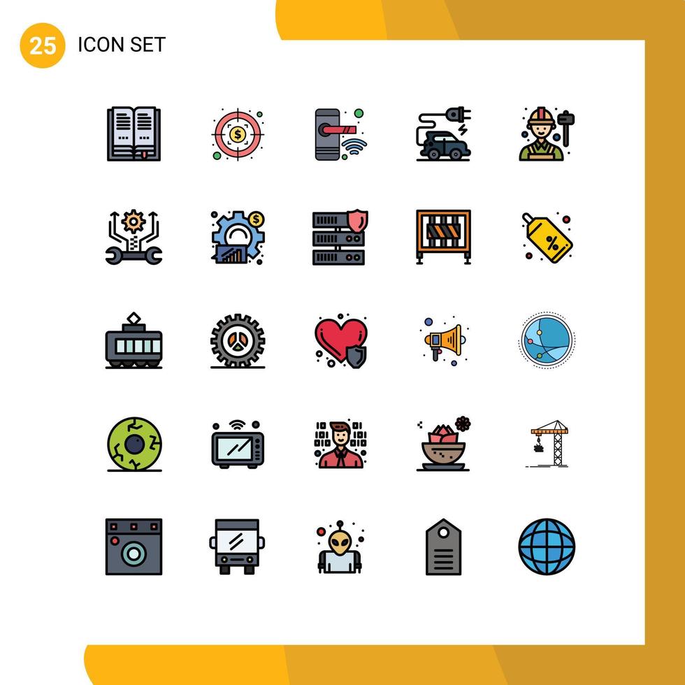 25 Universal Filled line Flat Color Signs Symbols of control worker lock engineer electric vehicle Editable Vector Design Elements