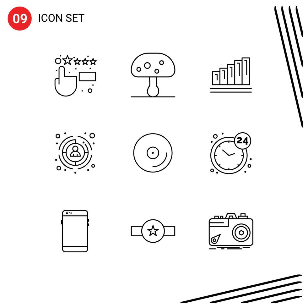 9 Thematic Vector Outlines and Editable Symbols of media disk chart target customer Editable Vector Design Elements