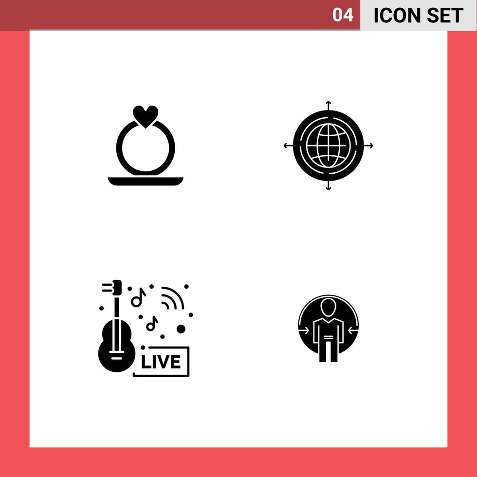 4 Universal Solid Glyphs Set for Web and Mobile Applications ring broadcasting globe connected news Editable Vector Design Elements