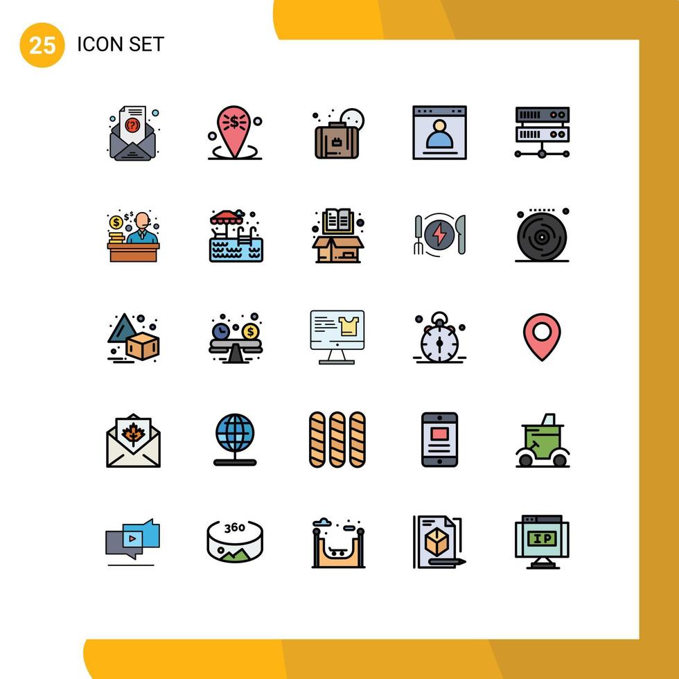 Modern Set of 25 Filled line Flat Colors Pictograph of data center page bag login browser Editable Vector Design Elements