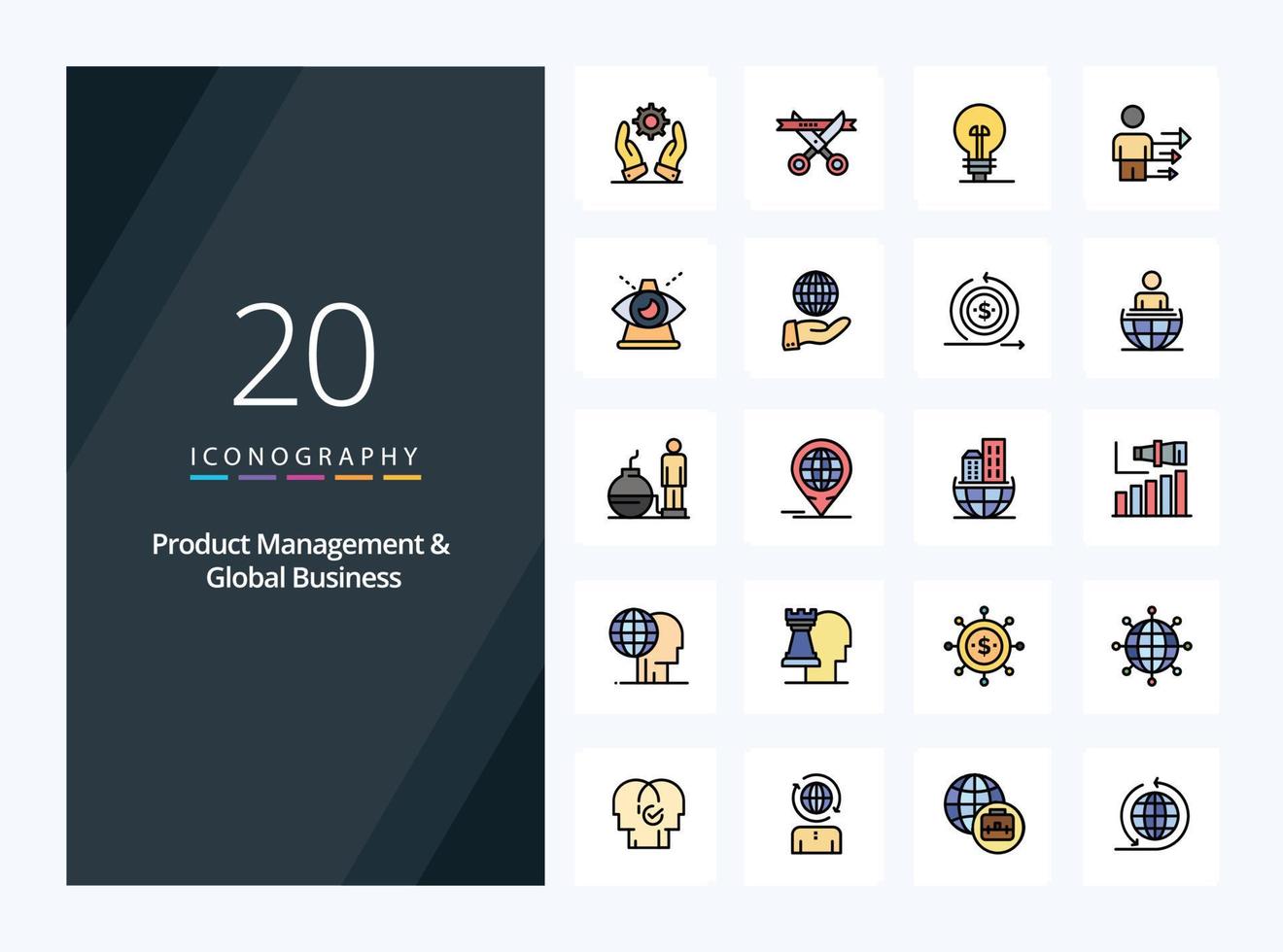 20 Product Managment And Global Business line Filled icon for presentation vector