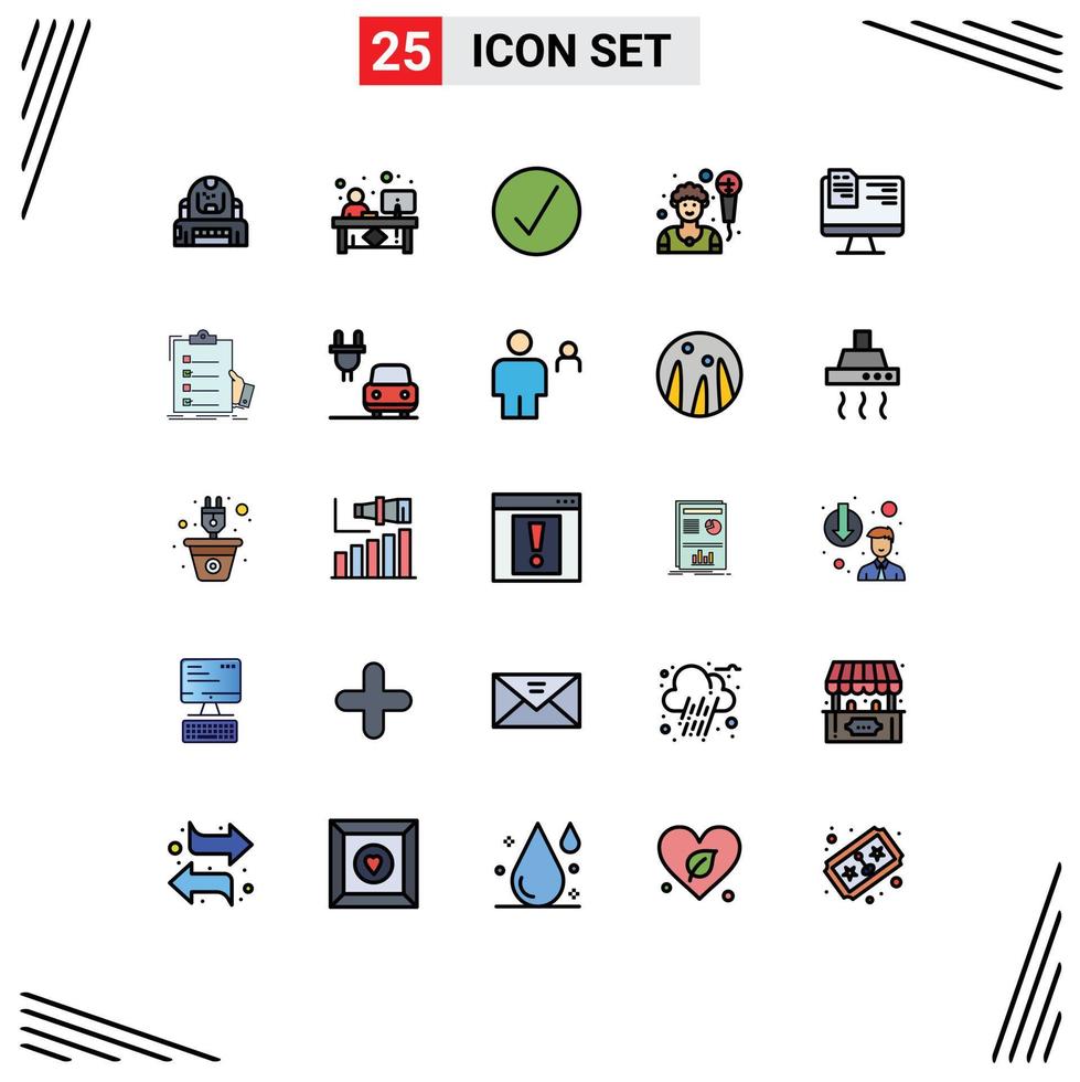 User Interface Pack of 25 Basic Filled line Flat Colors of computer man front artist media player Editable Vector Design Elements
