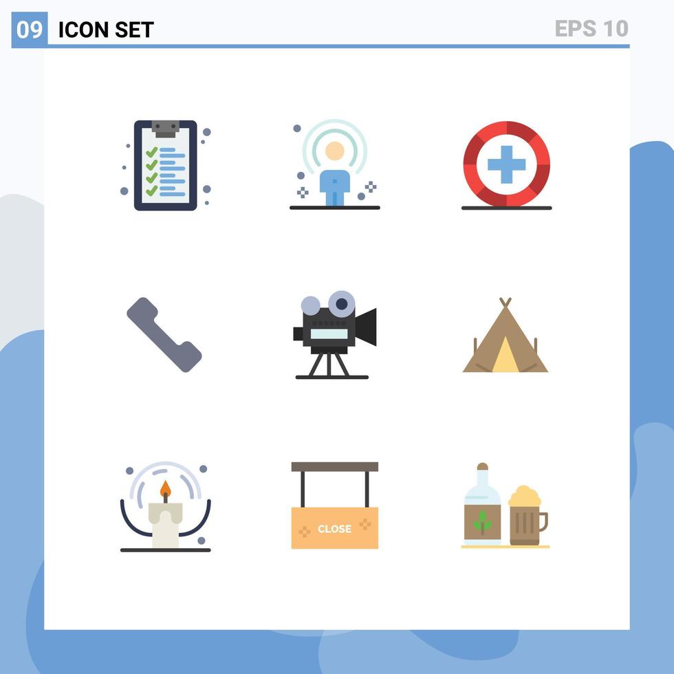 Pictogram Set of 9 Simple Flat Colors of film camera mobile disease call medicine Editable Vector Design Elements
