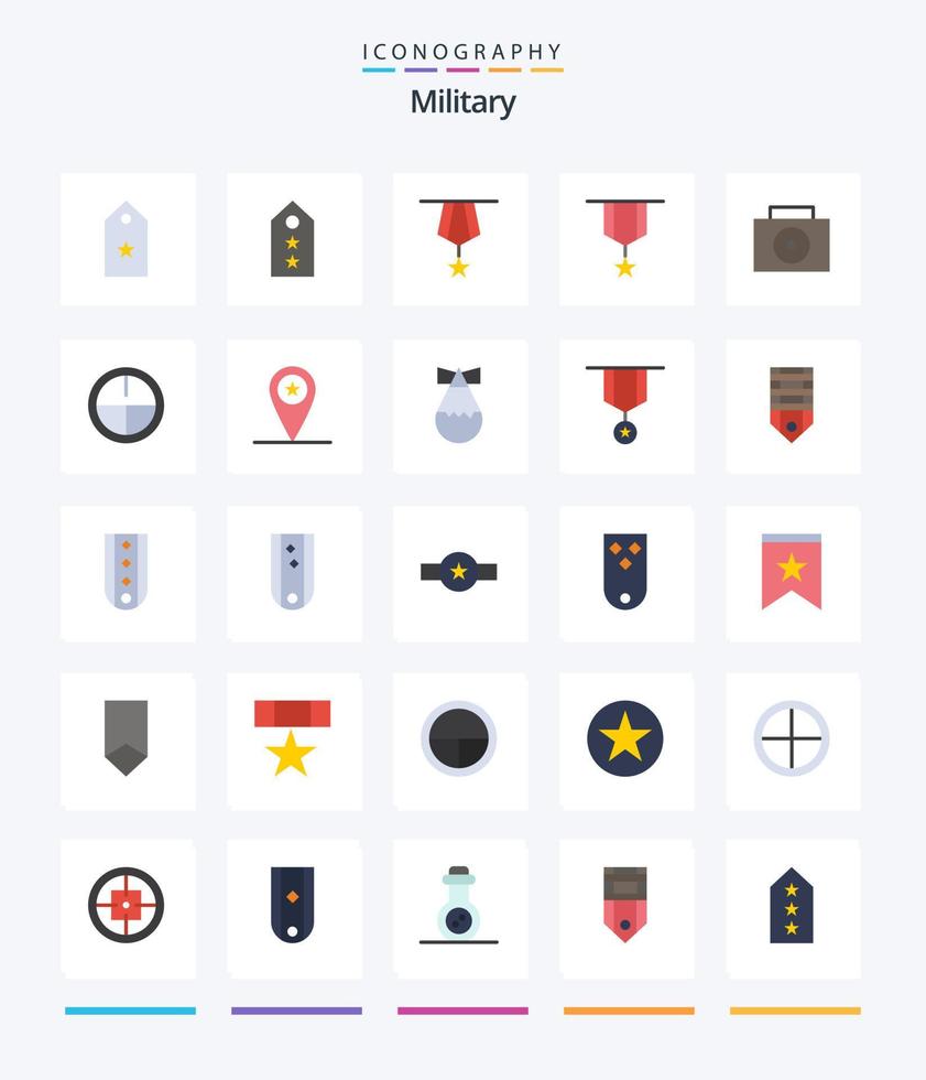 creativo militar 25 plano icono paquete tal como ejército. nuclear. etiqueta. plano. insignias vector