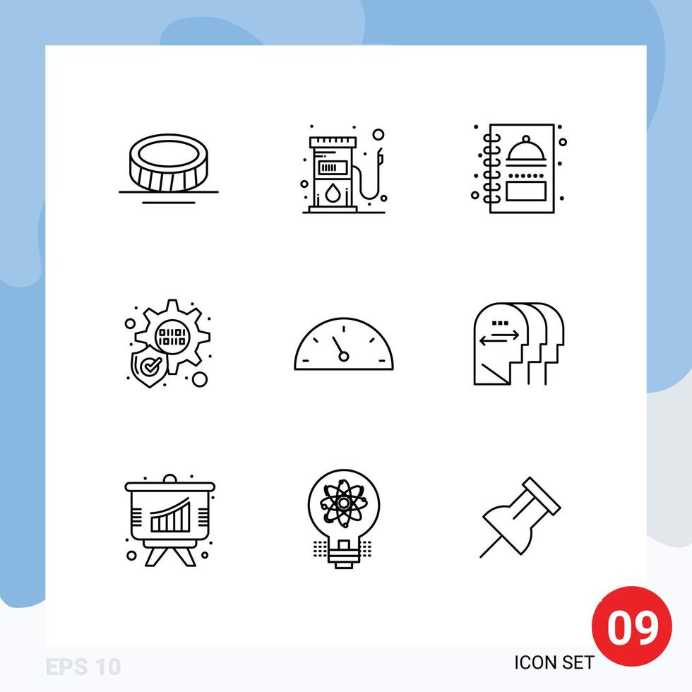 Pack of 9 creative Outlines of mind personality menu speed gauge Editable Vector Design Elements