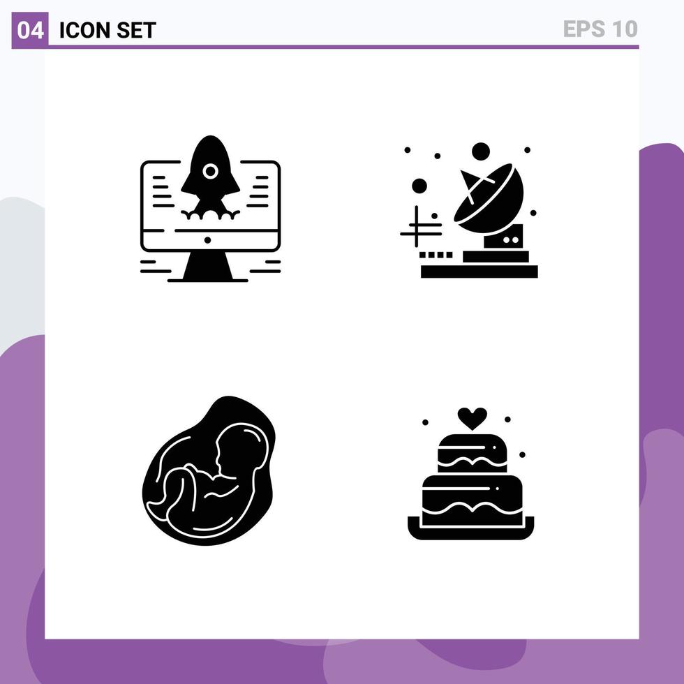 Set of 4 Commercial Solid Glyphs pack for computer obstetrics radio baby cake Editable Vector Design Elements