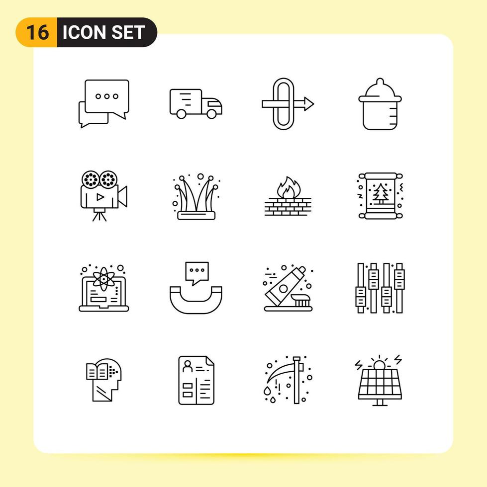 Modern Set of 16 Outlines and symbols such as buffoon projector gateway film camera infant Editable Vector Design Elements