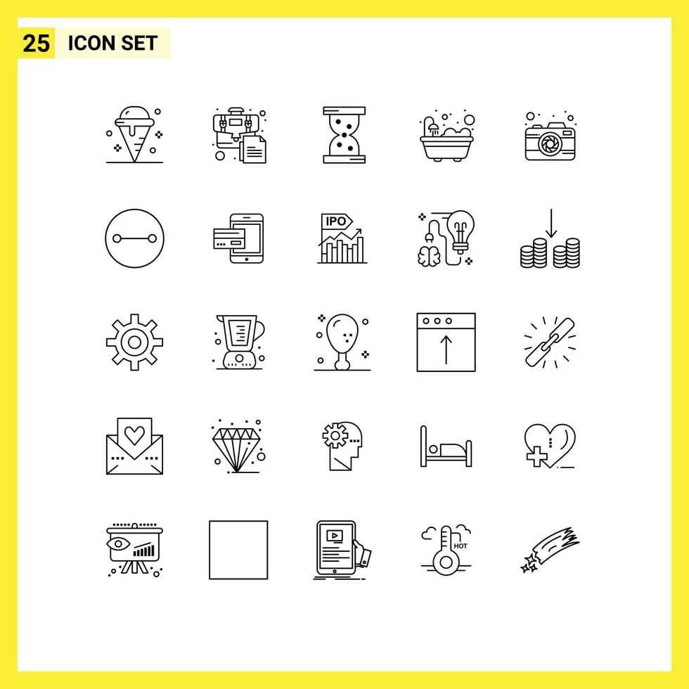 25 User Interface Line Pack of modern Signs and Symbols of picture camera document shower bathroom Editable Vector Design Elements