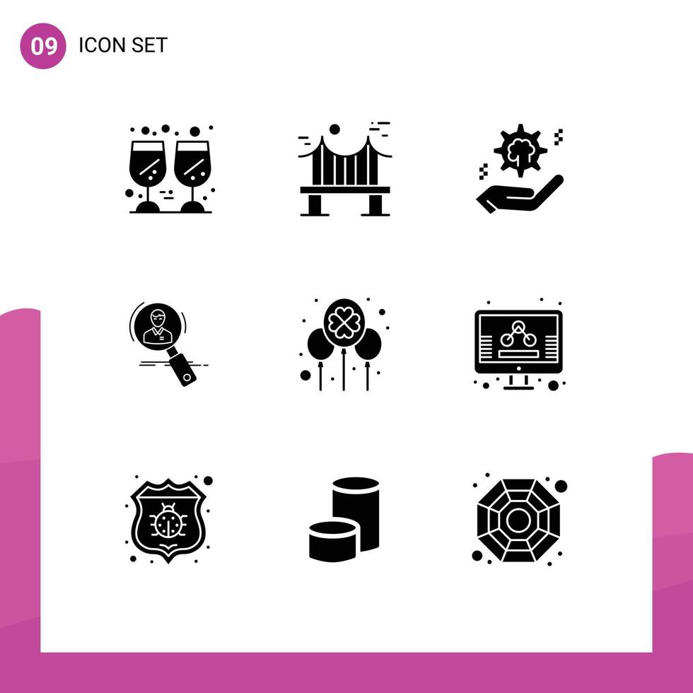 9 Universal Solid Glyph Signs Symbols of hunting employee road search brain Editable Vector Design Elements