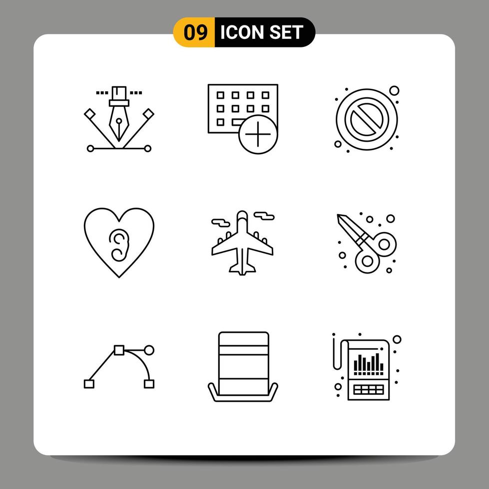 Group of 9 Outlines Signs and Symbols for transport airplane hardware love ear Editable Vector Design Elements