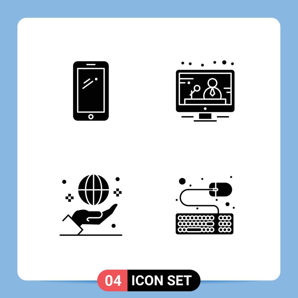 Set of 4 Commercial Solid Glyphs pack for phone global huawei media hand Editable Vector Design Elements